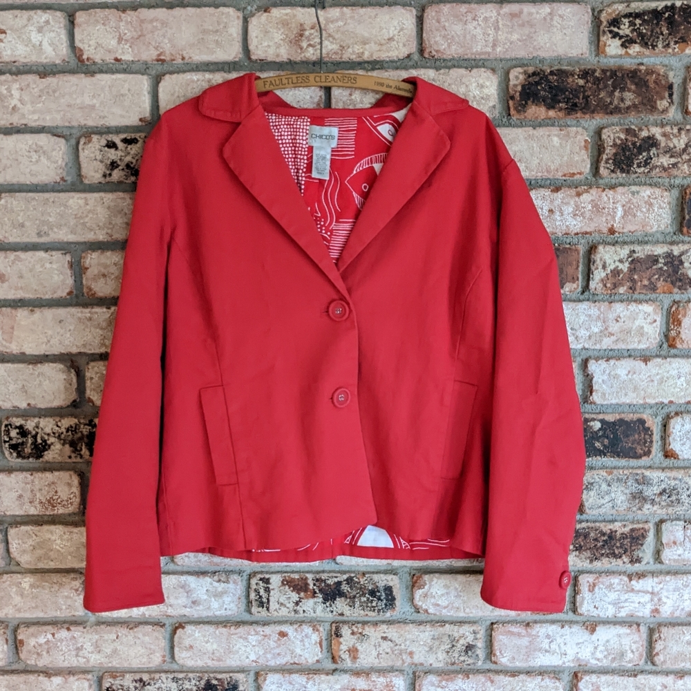 🐟 Chico's Fish Liner Red Blazer Jacket Size 2 Standard 12